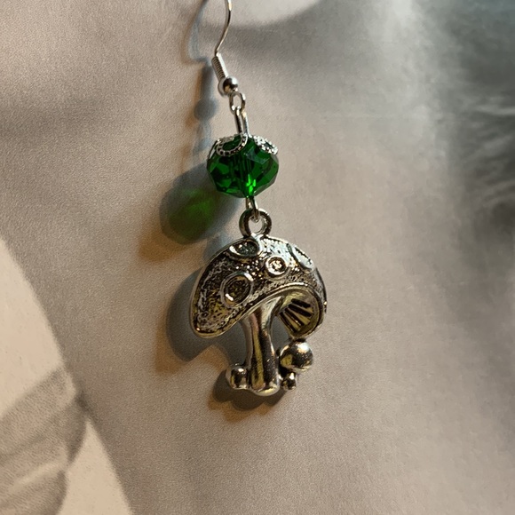 Hand Crafted 💚 Mushroom Charm and Green Bead Dangling Fishhook Earrings - Picture 1 of 11